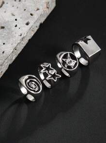 4pcs/Set Punk Metal Alloy Oil Drop Five-Pointed Star Openwork Rings Set For Men
