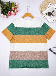 Camiseta casual de talla grande para mujer con cuello en V a rayas