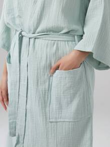 1 pieza Bata de mujer de gasa de unicolor con cuello recto, bata larga, ropa de dormir, informal, suave, absorbente, para baño, dormitorio, piscina, hotel, spa, uso personal, regalo