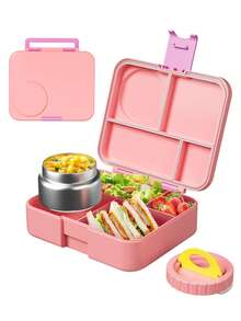 Bento Lunch Box with 9oz Soup Thermo – Leakproof 4-Compartment Food Container with Insulated Hot Food Jar, Ideal for School, Office, Travel, and Picnics - 粉色 - 查看 1