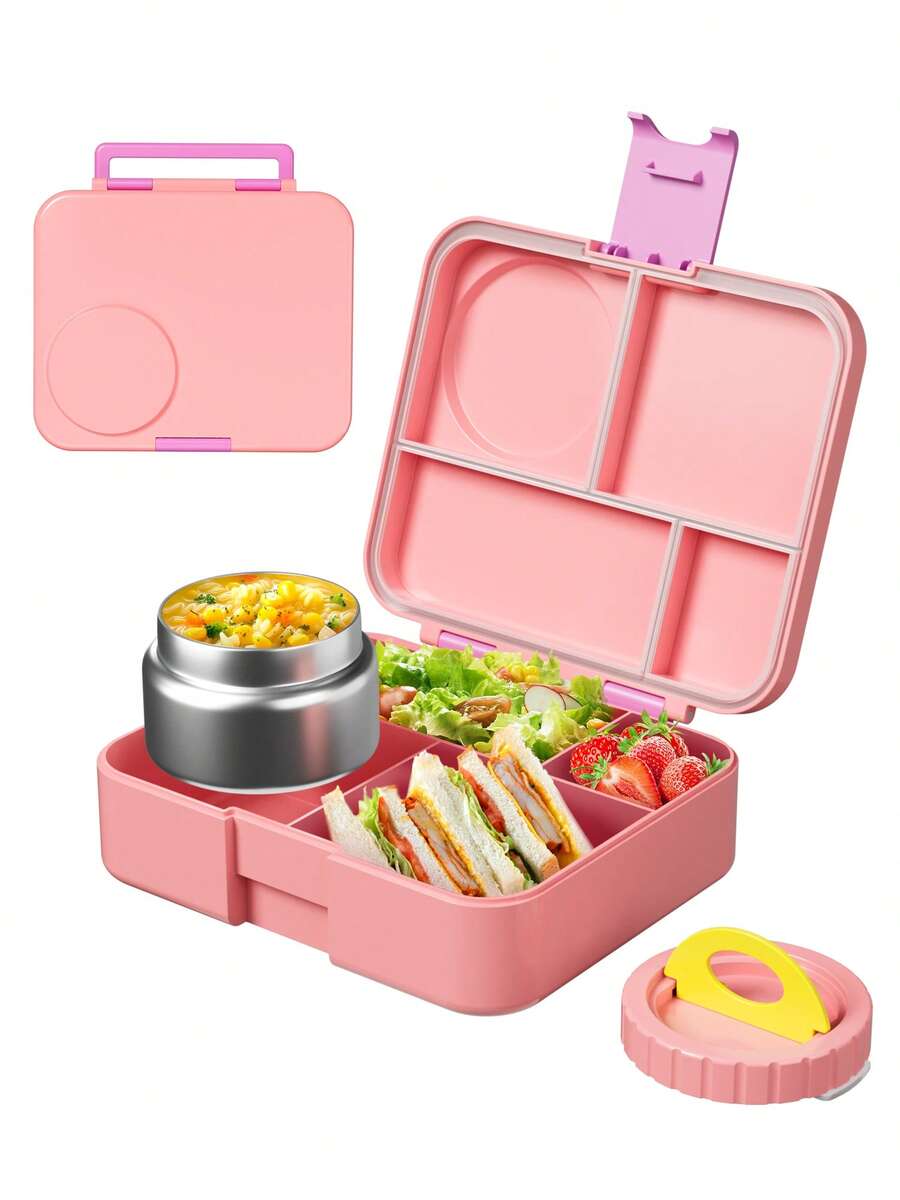 Bento Lunch Box with 9oz Soup Thermo – Leakproof 4-Compartment Food Container with Insulated Hot Food Jar, Ideal for School, Office, Travel, and Picnics - 粉色 - 查看 1