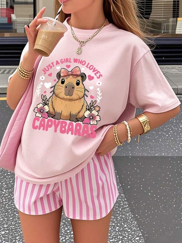 Camiseta de manga corta con estampado de capibara para niñas preadolescentes, blusa casual de verano para estudiantes jóvenes
