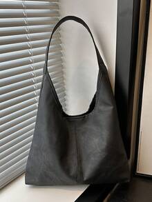 2025时尚牛仔纹理通勤托特包，极简小众设计腋下包，大容量单肩包 - 黑色 - 查看 2