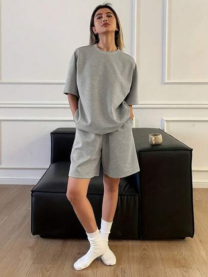 2pcs/Set Women Solid Color Round Neck Short Sleeve Shorts Casual Loungewear Set