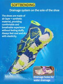 1双儿童鞋，夏季新款男童徒步鞋，时尚几何随机印花弹力透气网面套脚鞋，男童户外沙滩游泳鞋，耐磨橡胶鞋底，适合室内瑜伽、跳绳、跑步训练、度假、劳动节、儿童节等活动