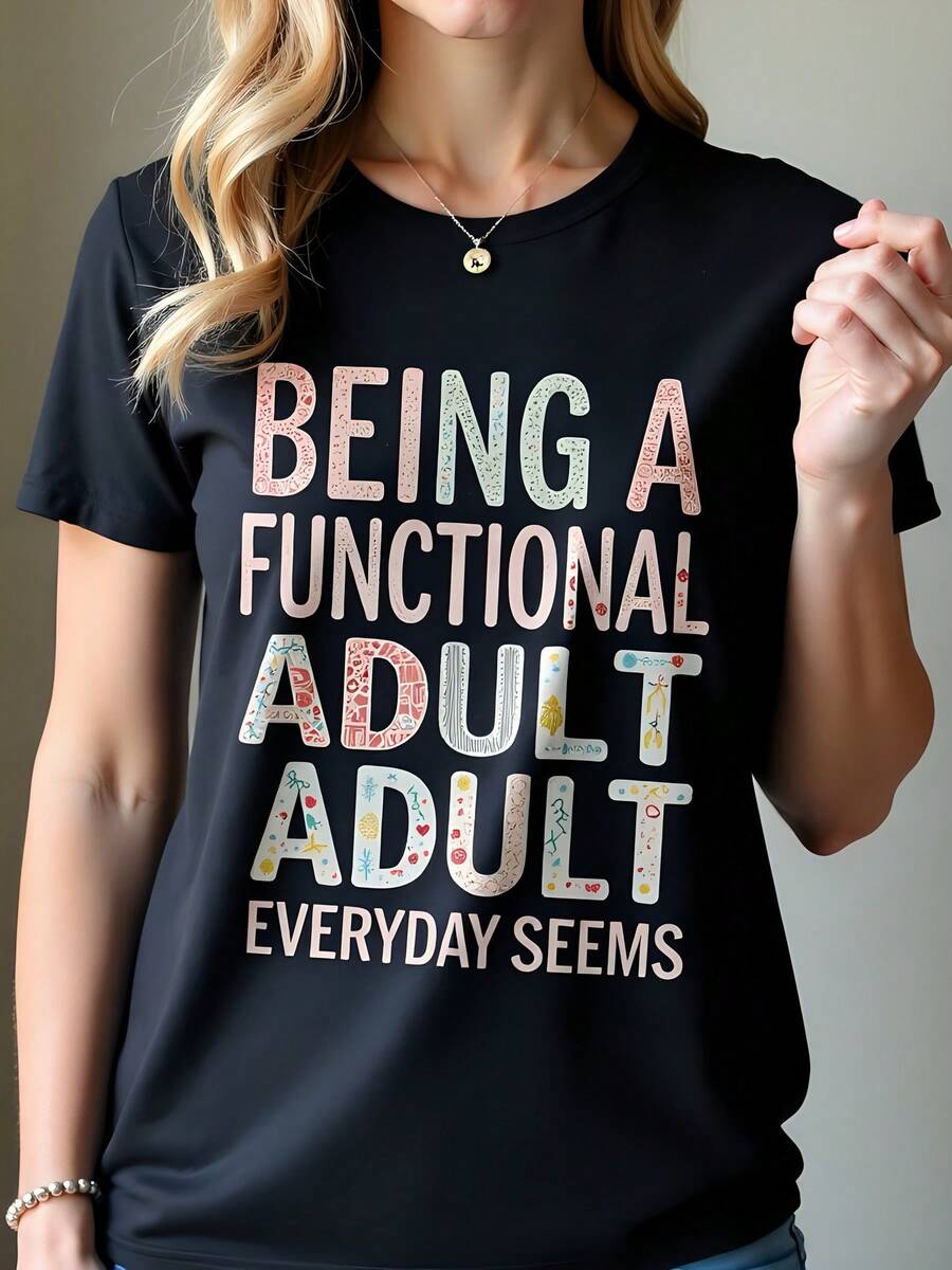 Camiseta gráfica funcional de manga corta para adultos, de algodón negro de 180 g, con cuello redondo, divertida y divertida para el día a día, ideal para uso informal, regalo de Navidad y tallas grandes para mujer. - Negro - Ver 1
