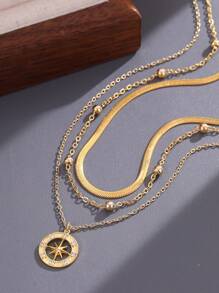 Nooxian 3 pièces/set Pendentif de collier époustouflant en cuivre creux en forme d'étoile et de soleil avec cubic zirconia cubique, chaîne plate en acier inoxydable, design multi-couches, convient pour les femmes lors de fêtes sur la plage