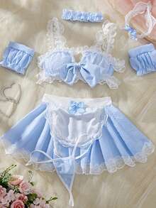 Women's Maid Lingerie Set Sleeveless Plaid Print Bow And Panty Apron Skirt Set Exotic Nightwear - 藍色 - 查看 2