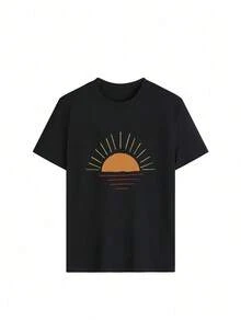 Camiseta de manga corta para damas con estampado de patrones, top de cuello redondo suelto y casual, se puede lavar aáquina para comodidad durante las cuatro estaciones. - Negro - Ver 2