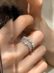 1pc Copper Minimalist Style Double Layer Open Pearl Ring, Elegant & Graceful Design For Women