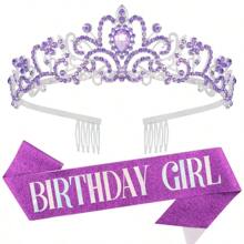 2 Pieces/Set Baroque Rhinestone Birthday Princess Belt Birthday Queen Crown Tiara Rhinestone Birthday Headband Birthday Ribbon Pearl Pin Happy Birthday Crown And Belt Birthday Party Party Decoration Bridal Headpiece Adds A Touch Of Elegance To Your Party Decoration Party Supplies Ribbon