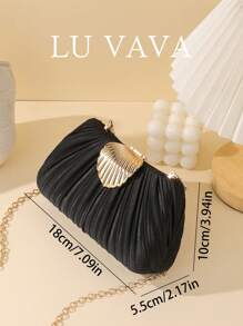 LU VAVA Black Pleated Bride Clutch: Gold Clamshell Lock & Detachable Chain - Formal Evening Essential,BridalPartyClutch,GoldAccentBag,DesignerEveningBag,LuxuryPleatedClutch,WeddingGuestStyle