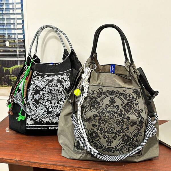Vintage Floral Embroidered Nylon Handbag For Women - Large Capacity Lightweight Foldable Handbag With Adjustable Shoulder Straps, Deep Gray/Black, Perfect For Commuting, Travel, Beach & Holiday Gifts, Travel Handbag, Decorative Embroidery, No Lining Interior