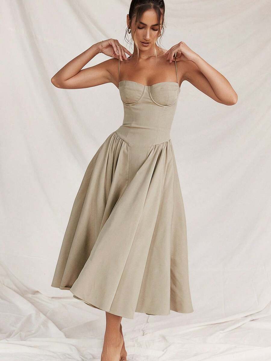 French Vintage Long Dresses With Halter - Khaki - View 1
