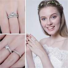 1 件 925 纯银简约 CZ 订婚和结婚戒指套装 - 銀色 - 查看 6