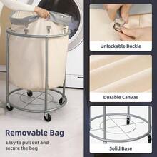 Rolling Laundry Hamper With Wheels 185L Extra Large Industrial Clothes Basket Removable Bag Round Cart For Bedroom Hotel Beige Gray Durable Fabric Storage Solution - Beige+Gray - View 4