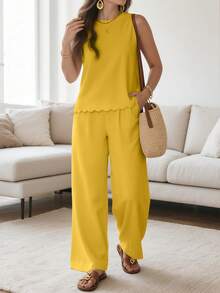 Summer Women'S Sleeveless Strappy Tie-Waist Pants, New Fashion Pants. - Màu vàng - Xem 8