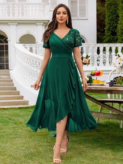 MIUSOL V-Ausschnitt Pailletten Spitze Kontrastfarbe Chiffon Rüschen Saum elegantes Ballkleid, geeignet für Hochzeitsgäste, formelle Abendessen und andere Anlässe