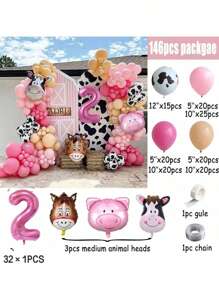 Conjunto de 146 piezas de decoración con arco y guirnalda de globos con tema de granja, incluye 40 pulgadas números del 1 al 9 de globos de aluminio rosas y globos con decoración de animales de granja para fiesta