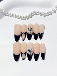 10pcs Handmade Press-On Nails Set - French Minimalist 3D Floral Design, Perfect For Everyday Wear & Parties, Includes 2 Tools For Easy Application