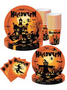 10 قطعة من لوازم حفلة هالوين، أطباق وأكواب ومناديل ورقية، أواني أكل قابلة للتخلص منها ، لديكورات هالوين بقوالب اليقطين البرتقالية والأشباح ، لأعياد الميلاد و حفلات هالوين