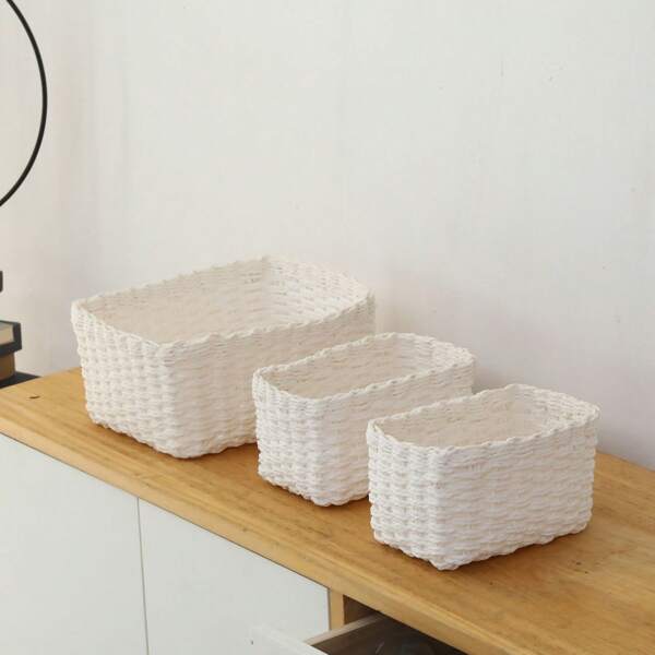 Woven White Storage Basket Set, Multi-Size Simple Multi-Purpose Storage Basket, Toy, Cosmetics Storage, Folding Storage Basket, Desktop Miscellaneous Storage, Fabric Storage Box.