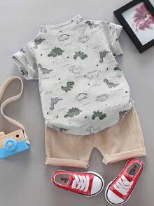 夏季婴儿恐龙印花短袖衬衫和裤子套装 - 淺灰色 - 查看 2