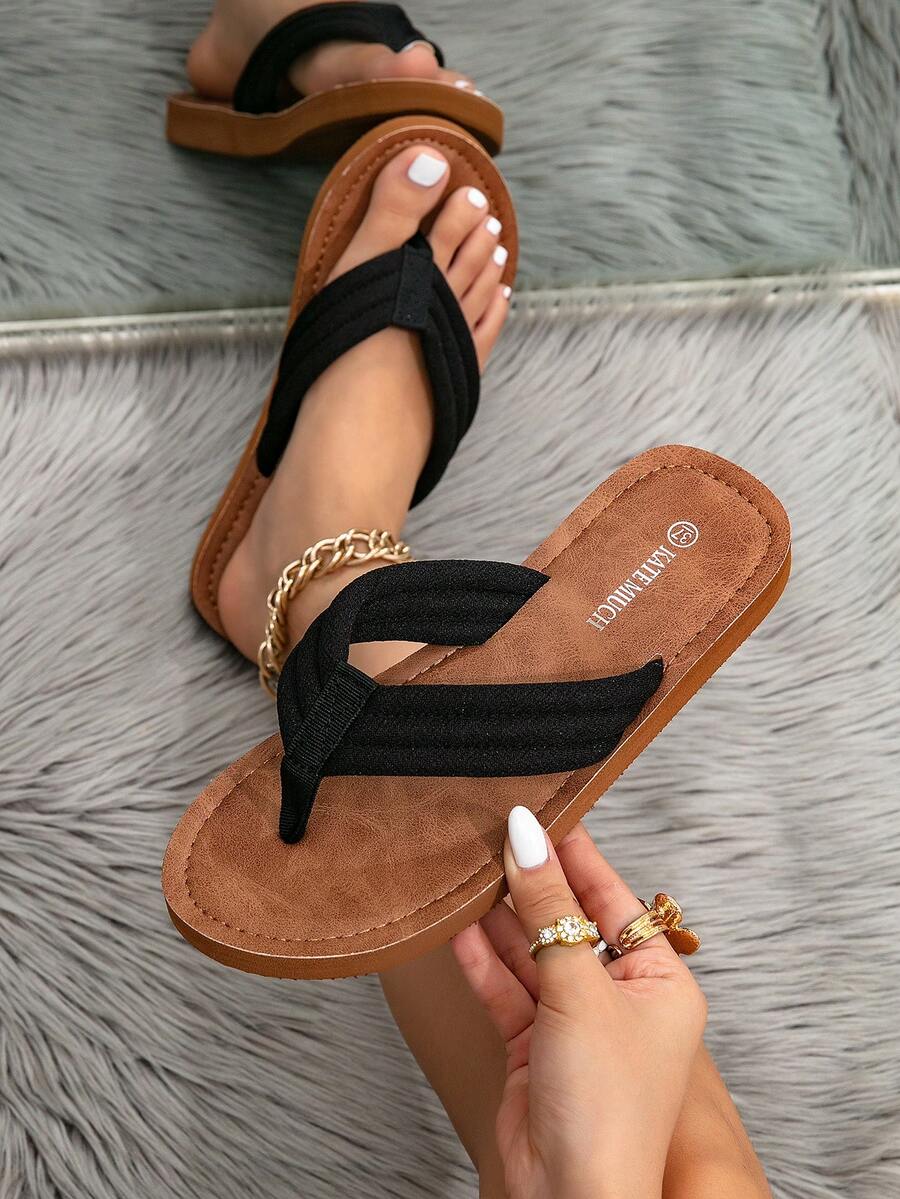 Kate Miuch Spring/Summer New Vintage Style Lightweight Breathable Open Toe Black & Flat Sandals, Suitable For Outdoor Wear, Elegant & Comfortable Casual Personalized Simple Beach Travel Holiday Sandals, Women Flat Flip Flops, French Street Style Sweet Black Outdoor Multifunctional Non-Slip Slide Slippers, Indoor Home Women Slippers