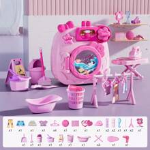 Waschmaschinen- und Reinigungsset für Kinder, Mini Kinder Waschmaschinen Wäscheset, Puppenhausmöbel Waschküche Waschmaschine und Make-up-Set Reinigungsset für Mädchen ab 3 Jahren