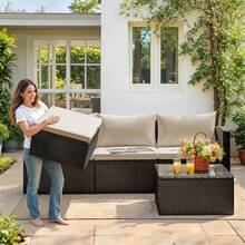 5 Pieces Patio Furniture Sets All Weather Outdoor Sectional Patio Sofa Manual Weaving Wicker Rattan Patio Seating Sofas With Cushion And Glass Table,Freely Combined - Màu be (phiên bản cải tiến) - Xem 2