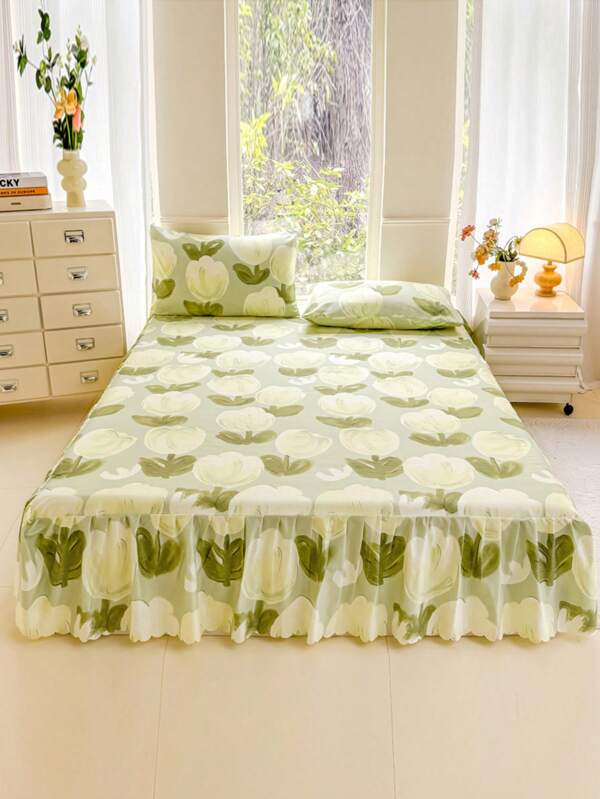 Conjunto de 3 peças (1 saia de cama e 2 fronhas) com estampa estampada e saia de cama com babados, capa de proteção total contra poeira com saia de cama com saia, conjunto de 3 peças de saia de cama plissada com 2 fronhas, conjunto de cama, pode dormir nu, agradável à pele, absorvente de suor, à prova de umidade, macio, absorvente de suor, macio, lavável, não desbota, conjunto de protetor de colchão antibacteriano