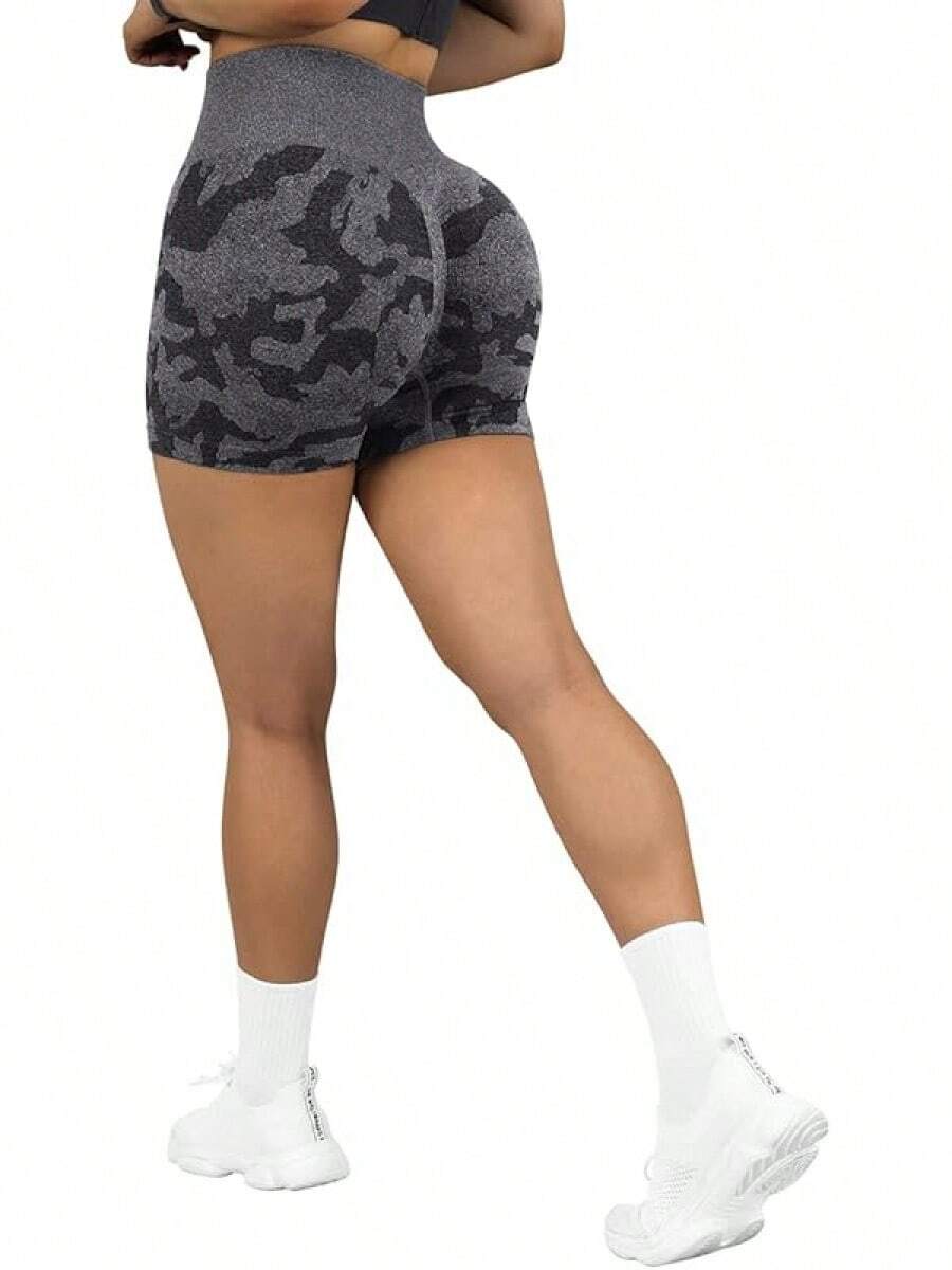 Seamless High Waisted Booty Shorts For Workout - Camuflaje negro de 3" - Ver 1