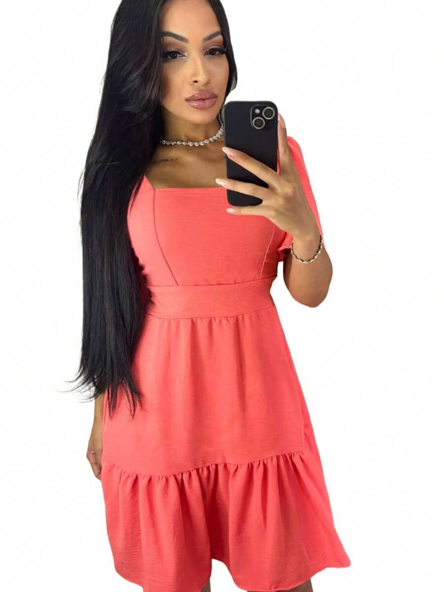 Duna Short Dress Simple Fabric Ruffle Daily Summer - Orange Salmon - View 1