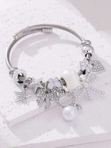 1 Stück elegante Strass Perlen Charme Katze Schleifen Perlen Anhänger Edelstahl Armband, geeignet als dekoratives Accessoire für Damen zu Banketten und Partys, Geschenk zum Valentinstag