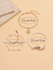 3pcs/Set Summer Faux Pearl Shell & Conch Anklet, Fashion Gold Color Natural Conch Pendant Foot Jewelry Suitable For Daily Outing, Party, Beach Vacation Wear. Handcraft Chain Can Be Customized Length, Natural Shell Pattern & Size Random.