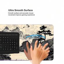 Black And White Mountain Art Gaming Mouse Pad Japanese Ink Painting Mousepads Extended Large Desk Mat With Stitched Edge Non-Slip Rubber Base Desk Accessories For Home Office Decor Desk Pad 35.4x15.7 Inch Perfect Gift For Men Women