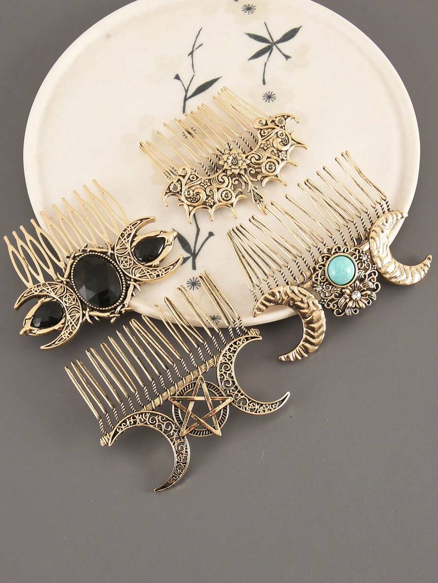 1 件金属包裹波西米亚星月图案复古锌合金发梳配件，适合所有季节，发饰，梳子，侧梳