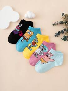 SPONGEBOB 5 Pairs Cartoon Spongebob Series Print Patterned Crew Socks For Kids, Cute Colorful Breathable Comfortable Athletic Socks, Suitable For Everyday Wear, Premium Fabric, All Season