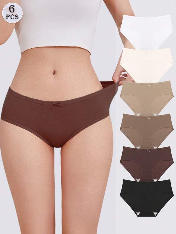 FINETOO 6pcs Women's Bow Decor Comfy Minimalist Solid Color Low Waist Triangle Basic Panties