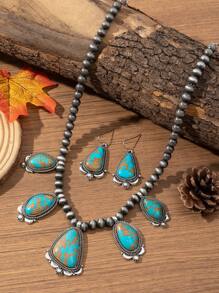 1 Set de collar y aretes de mujer, estilo bohemio retro, de aleación de zinc con cuentas, adecuado para combinar con atuendos, uso diario y vacaciones