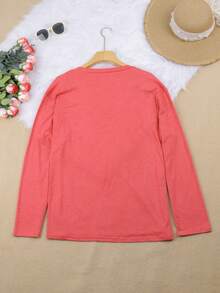 Plus Casual Solid V Neck Simple Fashion T-Shirt Tops - Hot Pink - View 3