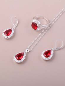 1 Set de joyas clásicas de unicolor con forma de gota de agua, que incluye aretes, collar y anillo, conjunto de 4 piezas de moda - Morado - Ver 2