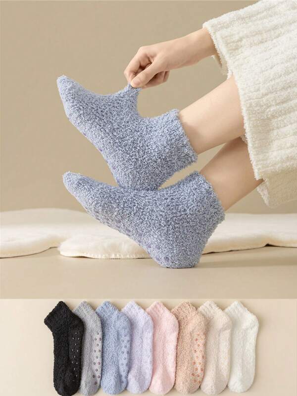 3 Pairs Random Women's Soft Coral Fleece Anti-Slip Ankle Socks, Warm Lining, Cozy Comfort Slippers For Indoor