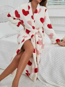 1pc Women Heart Printed Fluffy Robe, Elegant & Fashionable Thickened & Warm Winter Loungewear, Suitable For Going Out And Vacation, Fall, Cozy - Multicolor - View 7