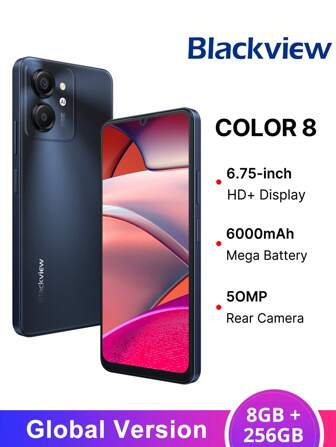  Blackview COLOR 8 智能手机全球版 8GB+256GB 6000mAh 电池 Unisoc T616 处理器 6.75 英寸屏幕 90hz 刷新率 720*1600 分辨率 50 MP 后置摄像头 8 MP 前置摄像头 Android 13