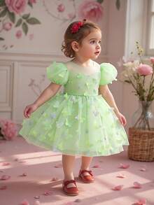 Colorful 3D Butterfly Tutu Dress For Baby Girls, Cute & Flower Girl Dress For Outdoor Party, Fabric Pattern Randomly Cut, Headband Not Included - Green - View 4