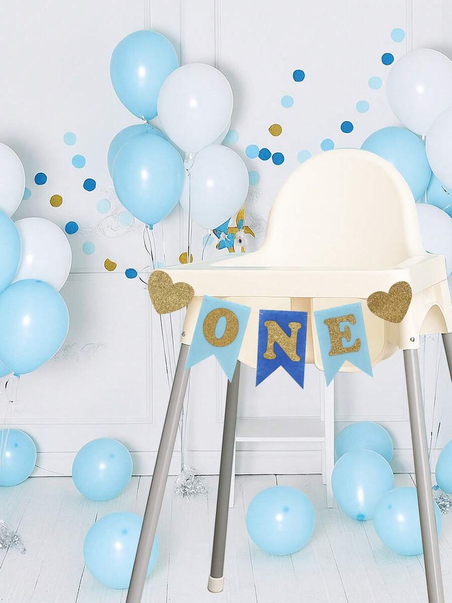 1 Set Blue 1st Birthday Party Decorations, Including: 1st Birthday Party Wall Backdrop Decor, Blue Theme Birthday Party Room Decor Table Runner, Blue Theme 1st Birthday Party Baby Chair Hanging Decor Streamer, 1st Birthday Party Hanging Banner, Birthday Hanging Decor - Blue - View 1