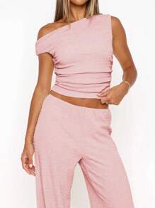 GAOVOT Ensemble deux pièces d'été pour femmes Y2K, sexy, élégant et décontracté. Top en tricot texturé jaune beurre avec épaules dénudées et pantalon droit large et ample