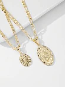 2pcs 2025 New Hypoallergenic Copper Inlaid Zirconia Guadalupe & Virgin Mary Pendant Necklace, Suitable For Mother/Valentine's Day Couples/Friends/Godparents Gift, Catholic First Communion, Gifts, Daily & Holiday Wear Prayer - Yellow Gold - View 4