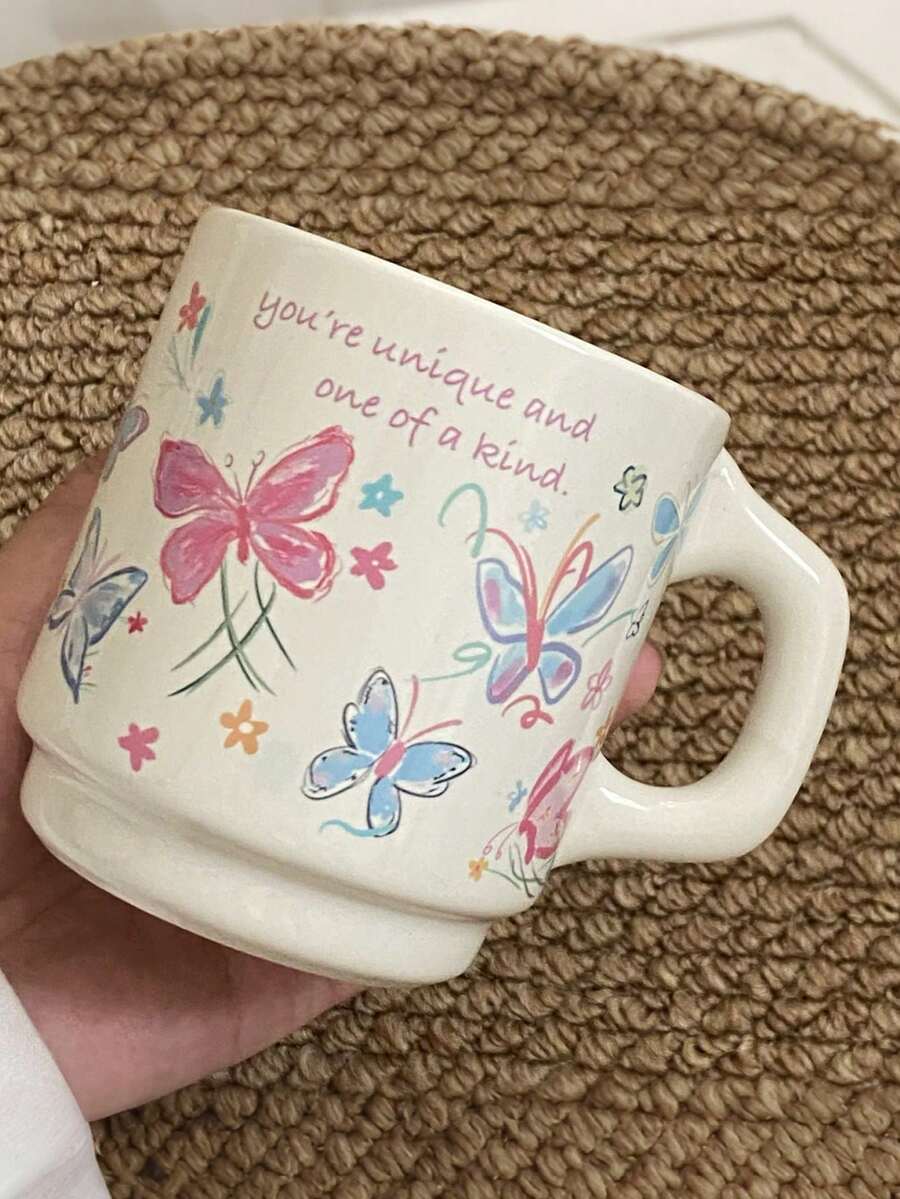 1 pieza Taza de cerámica con mariposa de colores pintada a mano, taza de café inspirada en la dopamina con mariposa vibrante, taza de leche de alta estética para el mejor amigo y la pareja, adecuada para la sala de estar, el comedor, la oficina y el dormitorio - Blanco - Ver 1